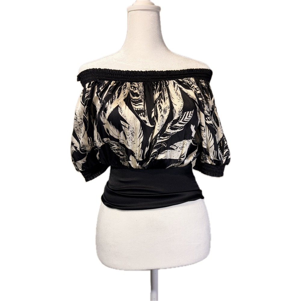 Y2K Bebe Silk Blend Off Shoulder Smocked Crop Blouse XXS BOHO Chic Date Night